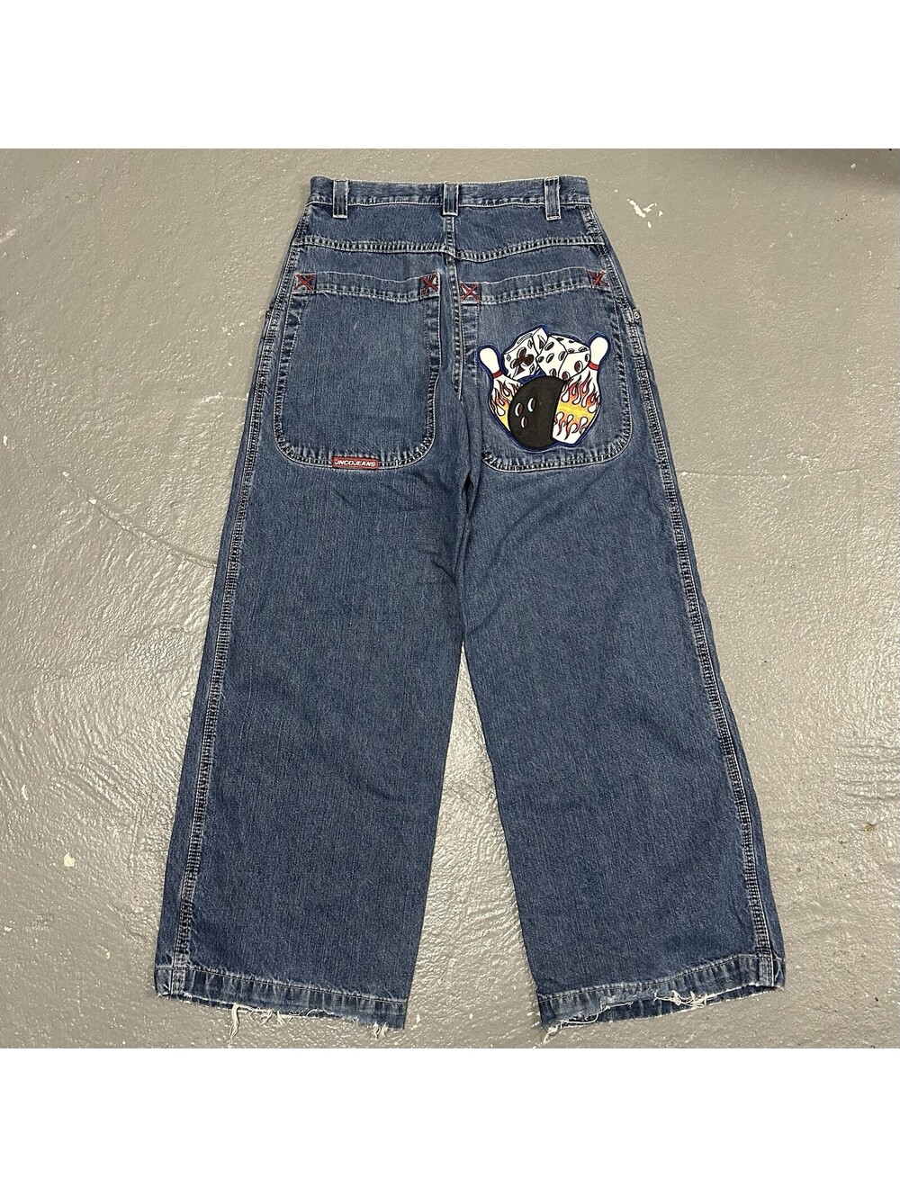 VINTAGE JNCO Denim Jeans RARE Bowling Flames Patch Wide Leg Size 29W x 30L